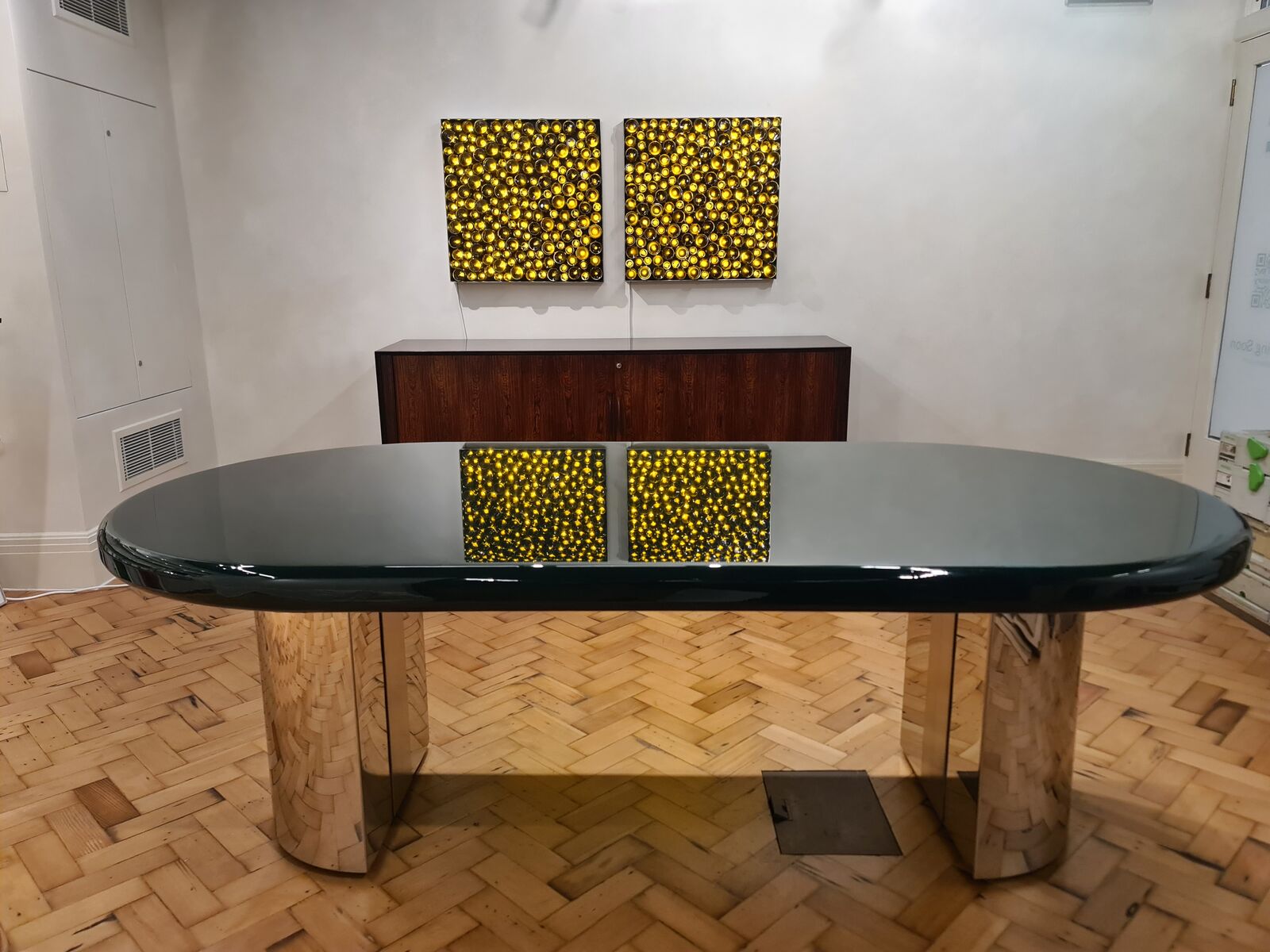 The table reflecting the light panels