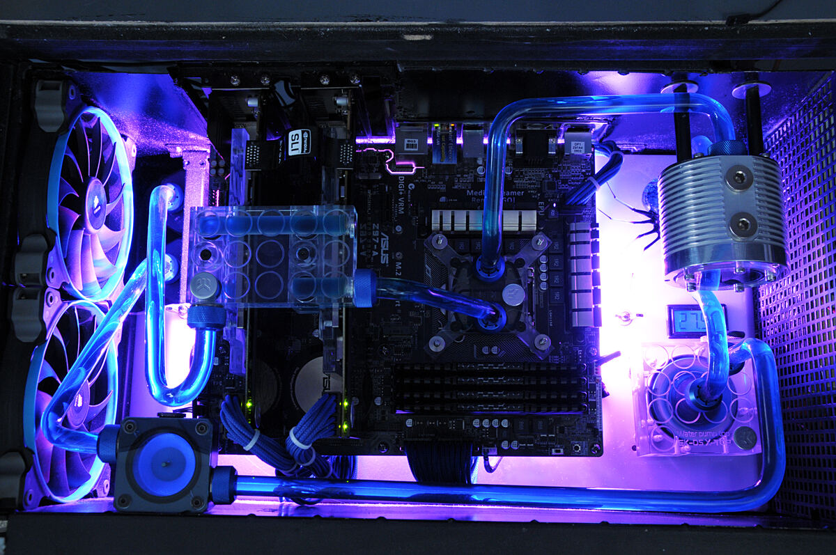 Custom water-cooled PC with blue hard-line tubing