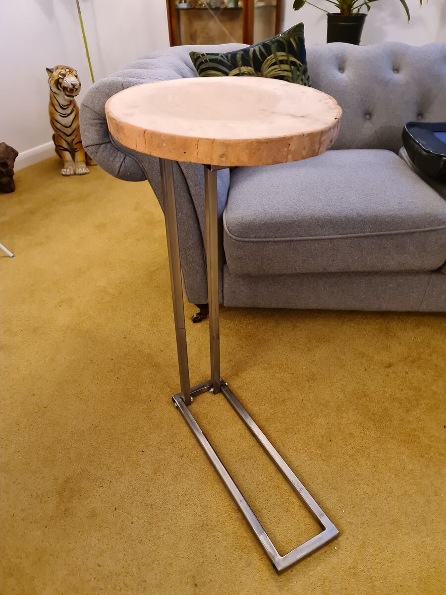 Steel C-frame sofa table with a solid timber top